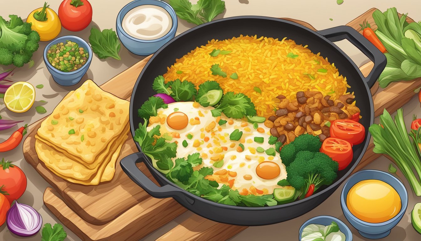 A sizzling pan with a golden fried rice omelette surrounded by colorful ingredients like vegetables and spices