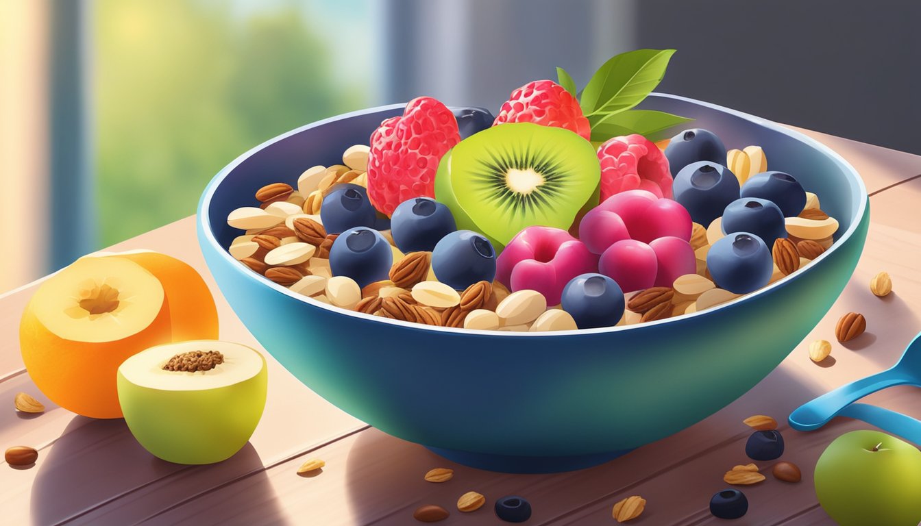 A colorful acai and granola bowl surrounded by fresh fruits and nuts, set on a table with a bright morning sunlight streaming in