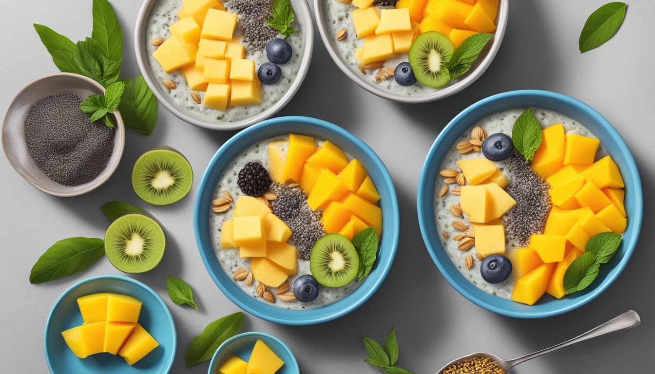 A colorful bowl of chia pudding topped with slices of fresh mango, surrounded by four other breakfast bowls filled with vibrant, healthy ingredients