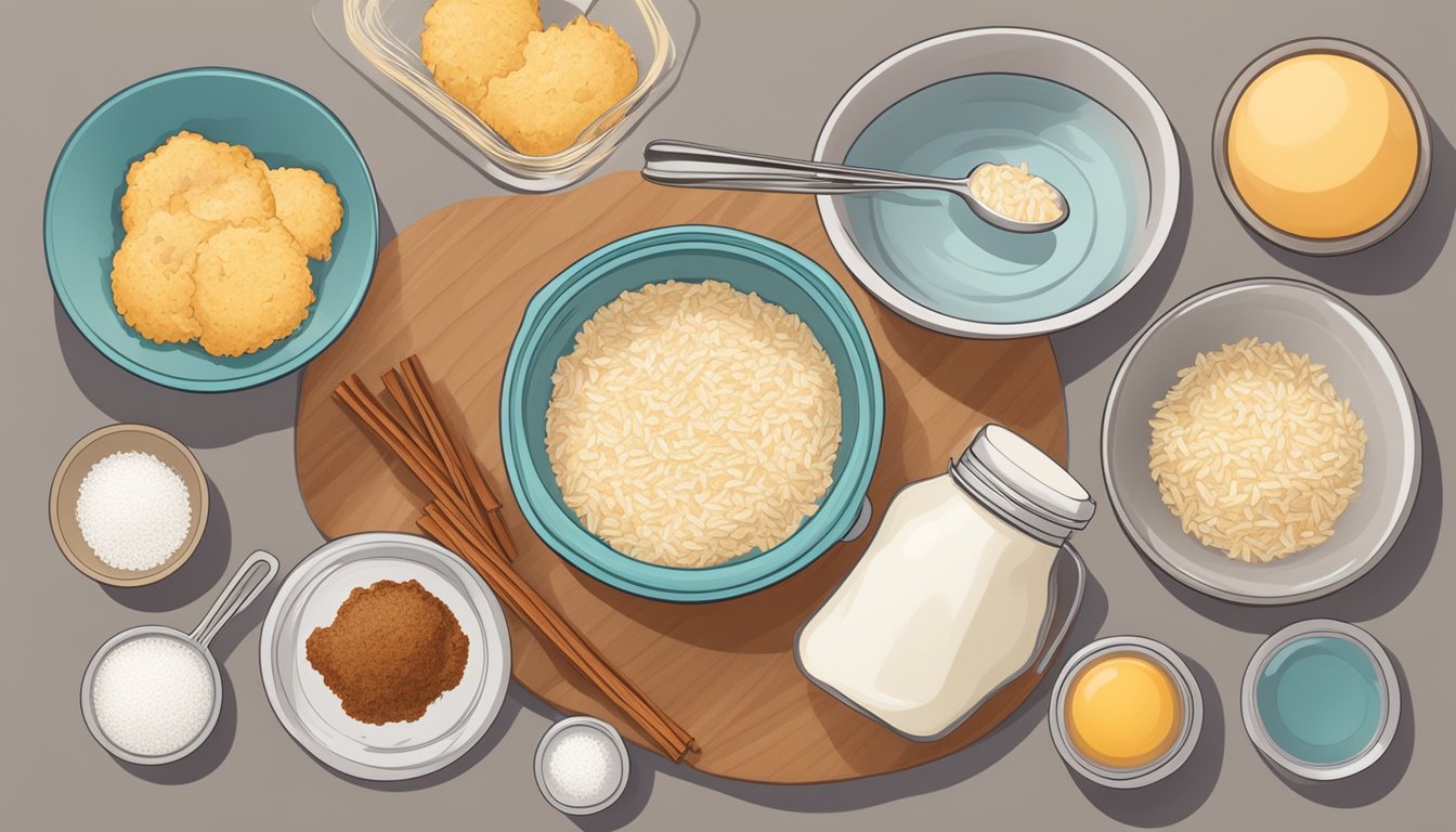 A kitchen counter with a mixing bowl filled with cinnamon rice muffin batter, surrounded by ingredients like eggs, milk, and leftover rice