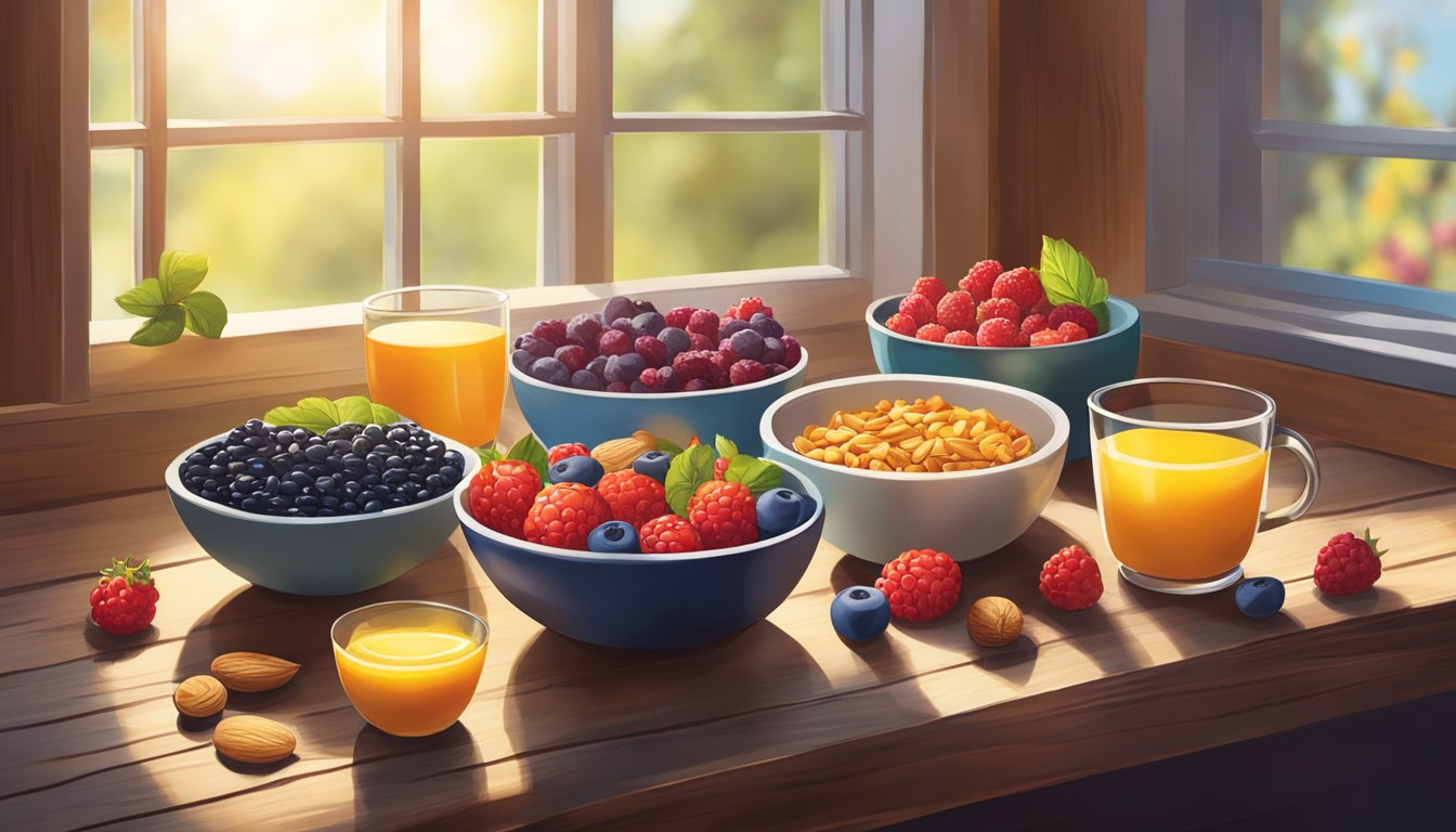 A colorful array of breakfast bowls filled with vibrant superfoods like berries, nuts, and seeds, arranged on a rustic wooden table. Sunlight filters through a window, casting a warm glow on the scene