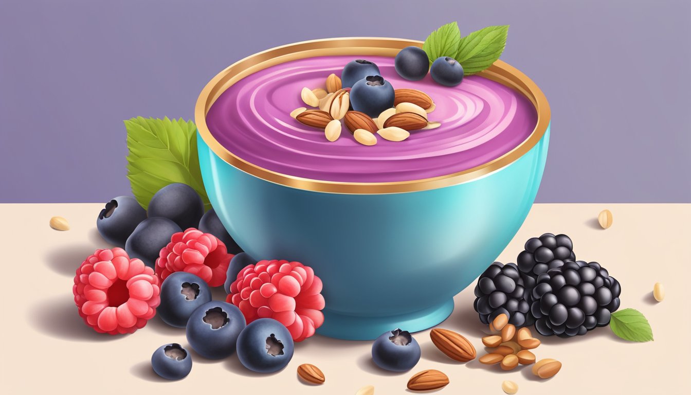 A vibrant bowl filled with a thick, creamy mixed berry smoothie, topped with an assortment of fresh berries, nuts, and seeds