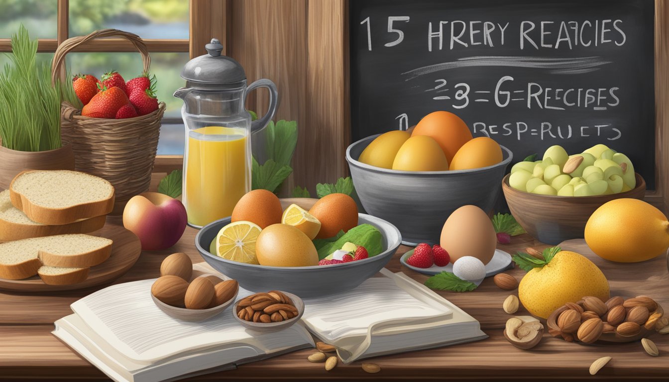 A rustic kitchen table with a spread of fresh fruits, nuts, eggs, and vegetables, with a stack of recipe books and a chalkboard listing "15 Breakfast Recipes" in the background