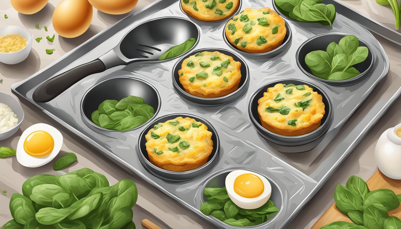 A colorful array of egg muffins filled with spinach and cheese, neatly arranged on a baking sheet, surrounded by fresh ingredients and kitchen utensils