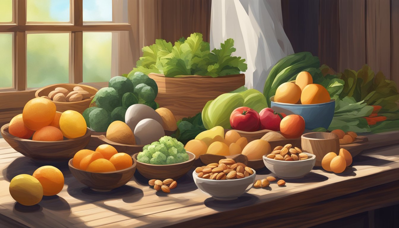 A rustic wooden table with an assortment of fresh fruits, vegetables, eggs, and nuts, surrounded by natural light streaming in from a nearby window