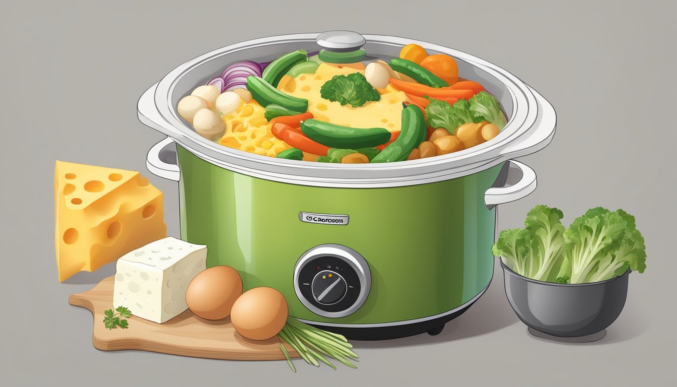 A colorful array of vegetables, eggs, and cheese layered in a slow cooker, with steam rising from the hot casserole