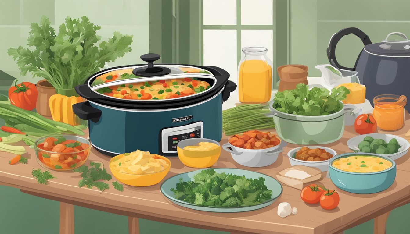 A table set with colorful ingredients and a slow cooker surrounded by fresh vegetables and herbs, showcasing the variety of breakfast casserole options