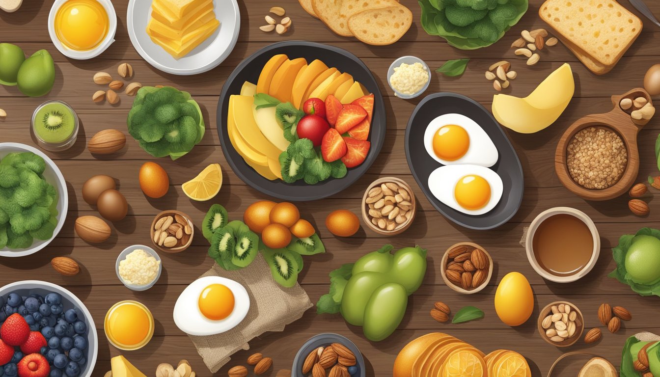 A rustic wooden table with a spread of colorful, nutrient-rich breakfast foods, including eggs, vegetables, fruits, and nuts, all arranged in an appealing and balanced manner