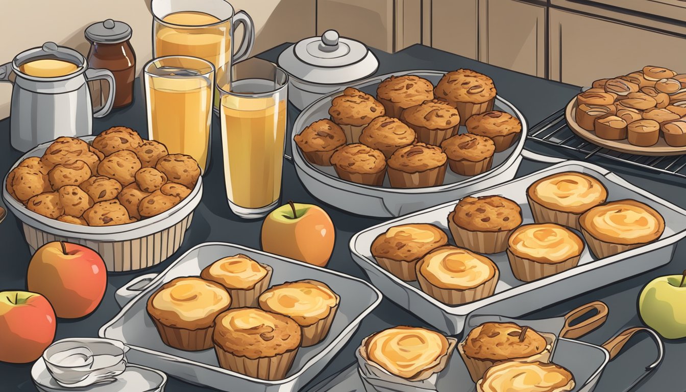 A kitchen counter with a batch of freshly baked cheesy apple bacon muffins surrounded by other breakfast items