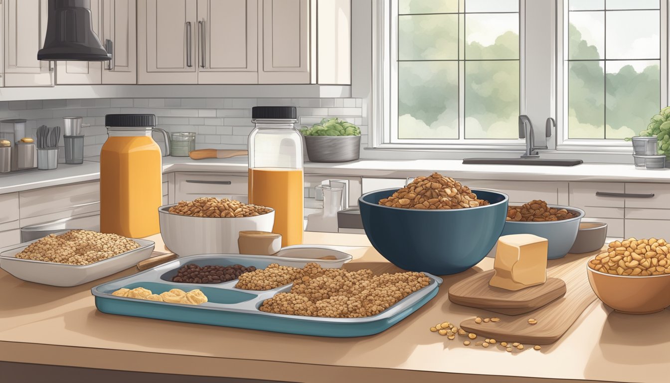 A kitchen countertop with a row of peanut butter granola bars next to a variety of breakfast ingredients and meal prep containers