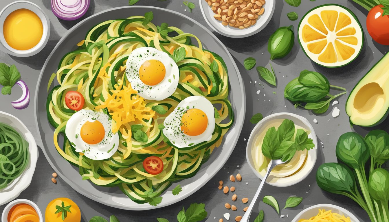 A plate of zucchini noodles topped with melted cheese and surrounded by colorful keto-friendly breakfast ingredients