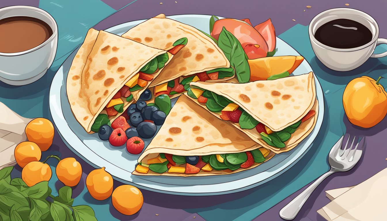 A sizzling bacon and spinach breakfast quesadilla on a plate surrounded by colorful fruits and a steaming cup of coffee