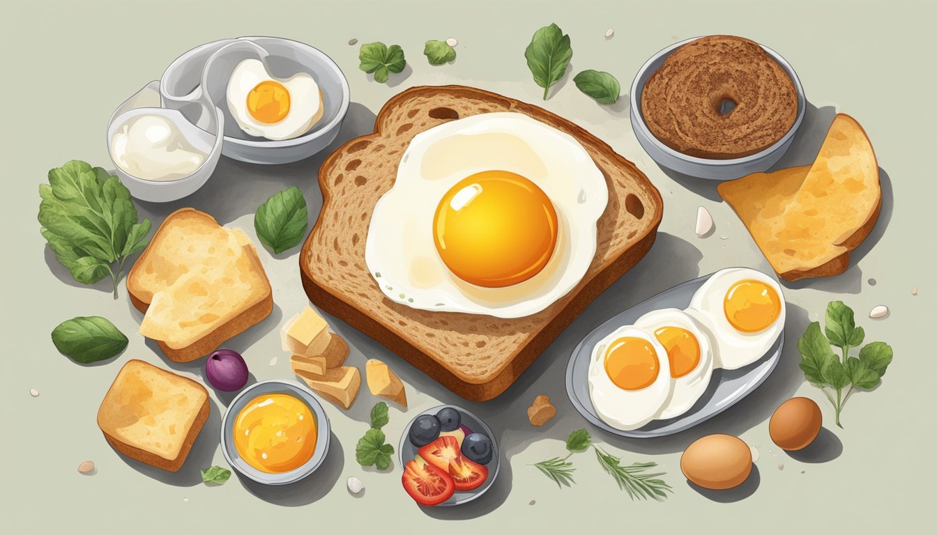 A slice of bread with a hole in the center, an egg cracked into the hole, surrounded by various breakfast ingredients