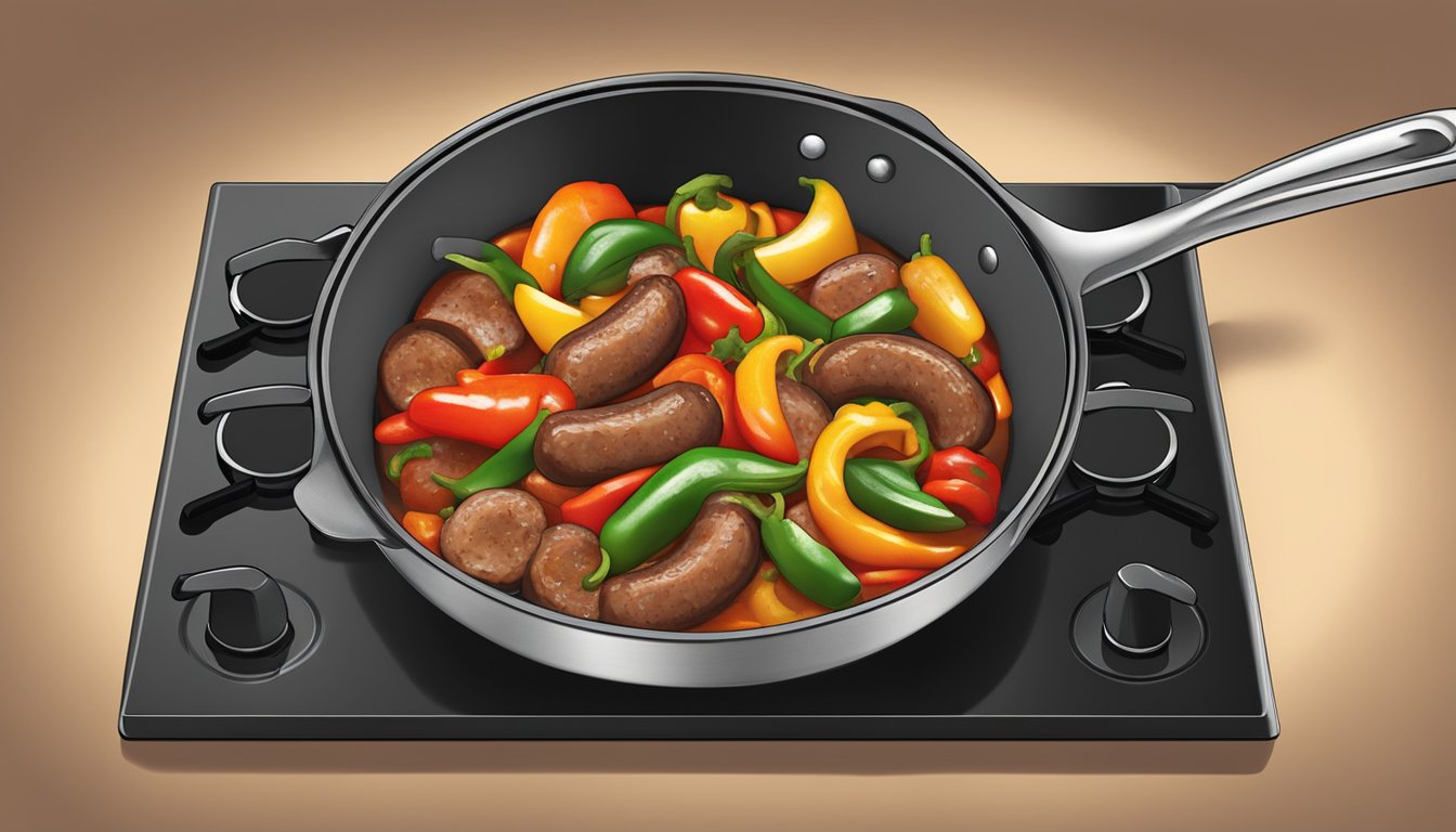 A skillet with sausage and bell peppers sizzling on a stovetop