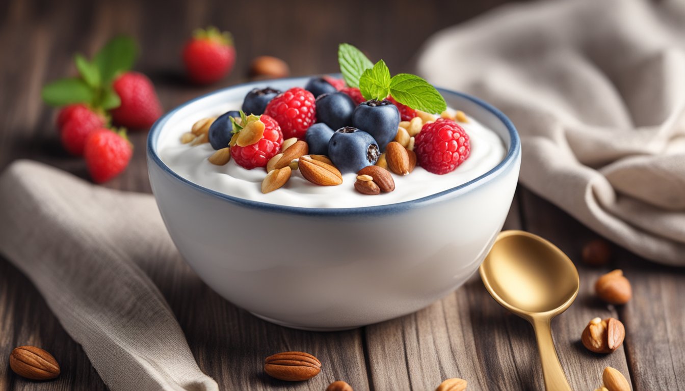 A bowl of Greek yogurt topped with fresh berries and nuts sits on a wooden table, surrounded by a rustic napkin and a spoon