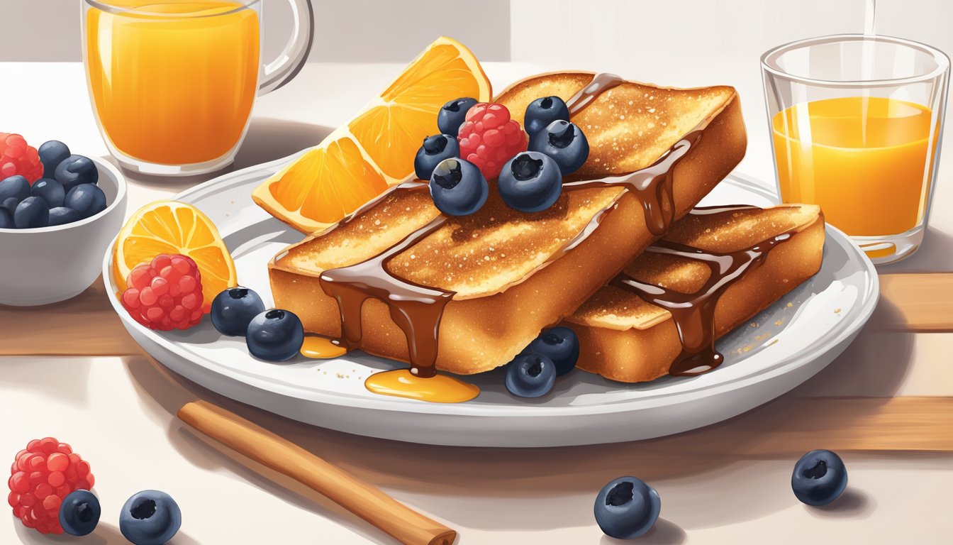 Golden French toast sticks sprinkled with cinnamon and drizzled with maple syrup on a white plate with fresh berries and a glass of orange juice