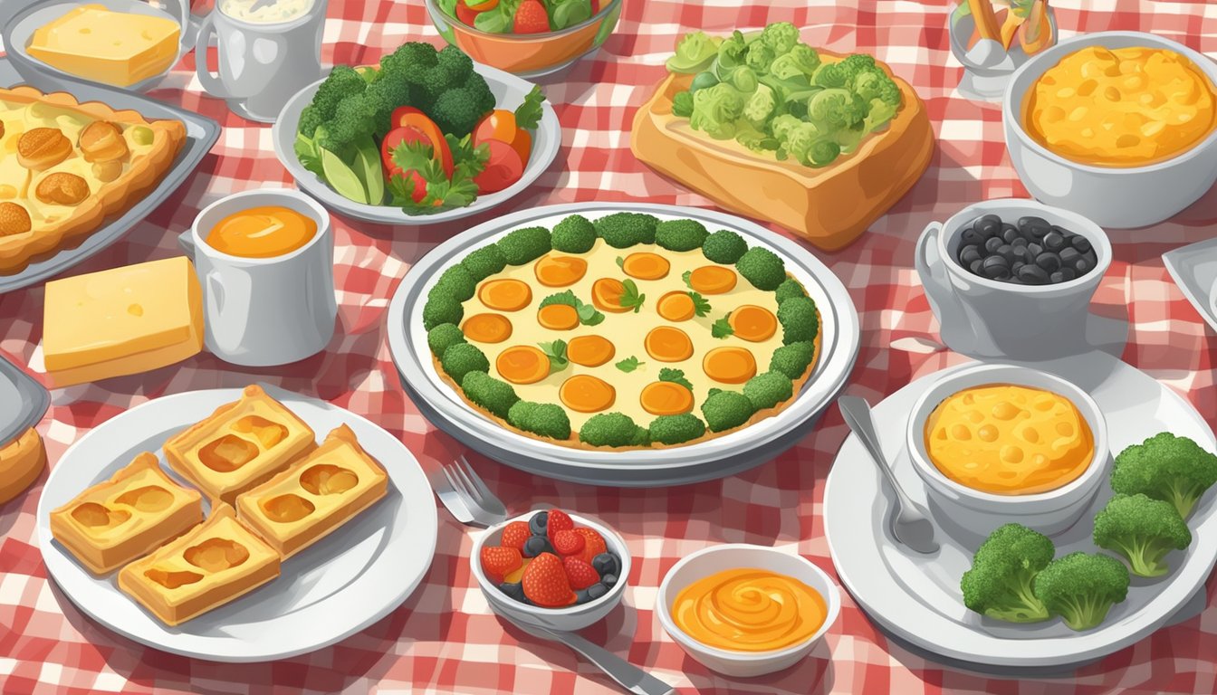 A platter of mini quiches with cheddar and broccoli surrounded by various breakfast items, set on a table with a colorful tablecloth