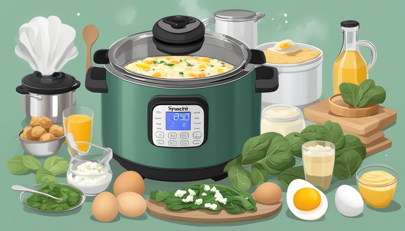 A steaming instant pot filled with egg bites, spinach, and feta cheese, surrounded by a variety of breakfast ingredients and kitchen utensils