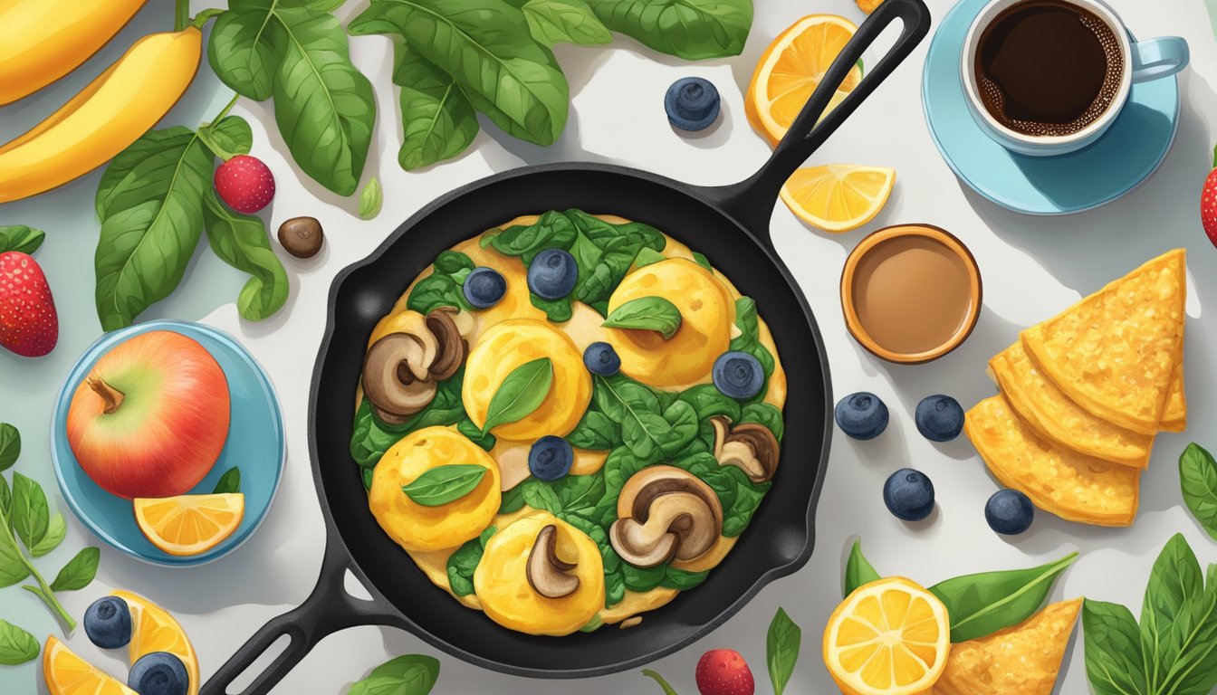 A sizzling skillet holds a fluffy vegan omelette filled with sautéed mushrooms and spinach, surrounded by colorful fruits and a steaming cup of coffee