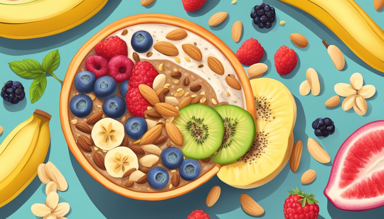 A vibrant smoothie bowl topped with sliced bananas, almonds, and a drizzle of almond butter, surrounded by a variety of colorful fruits and seeds