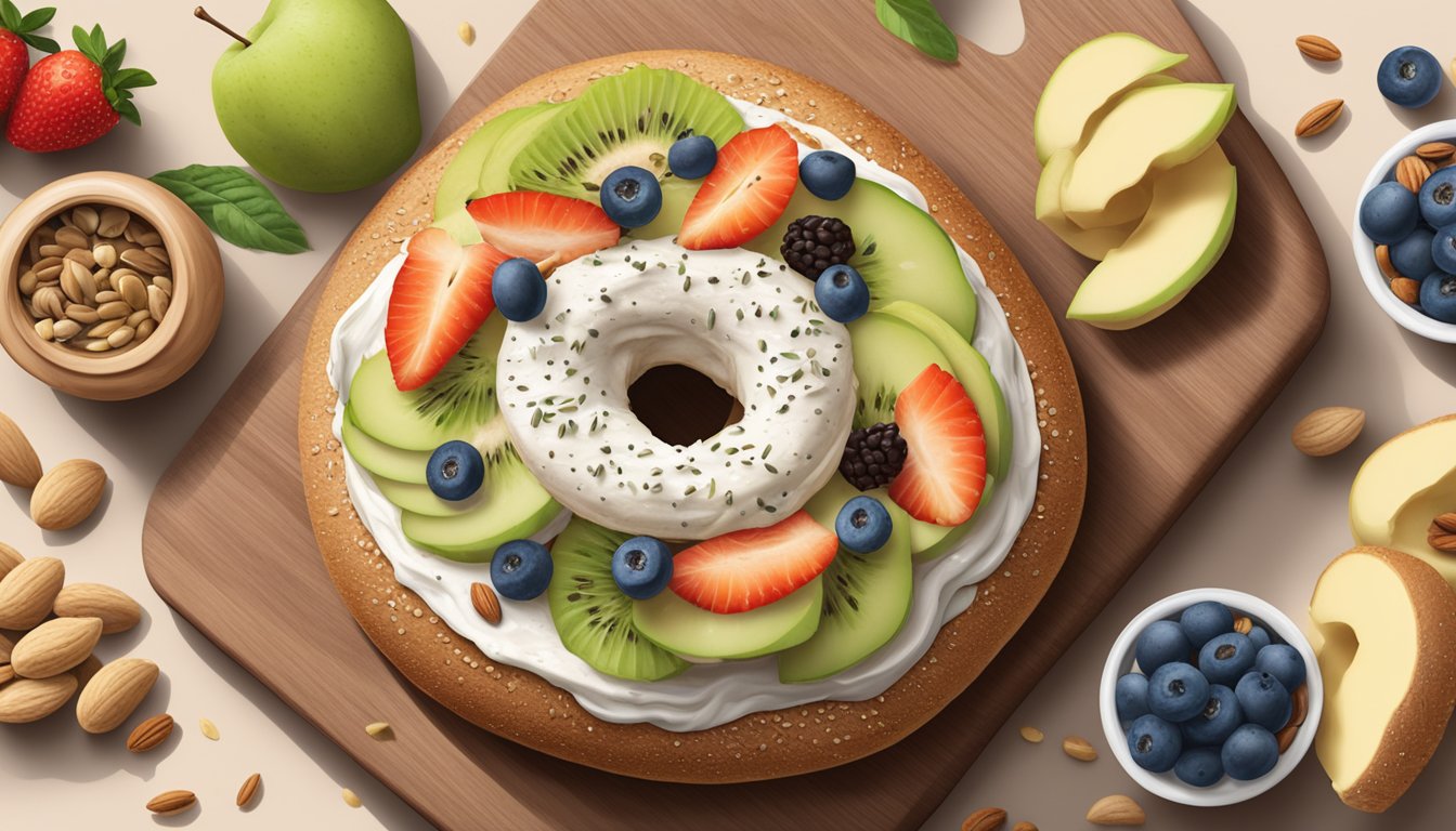 A whole grain vegan bagel with cashew cream cheese sits on a wooden cutting board surrounded by fresh fruit, nuts, and seeds