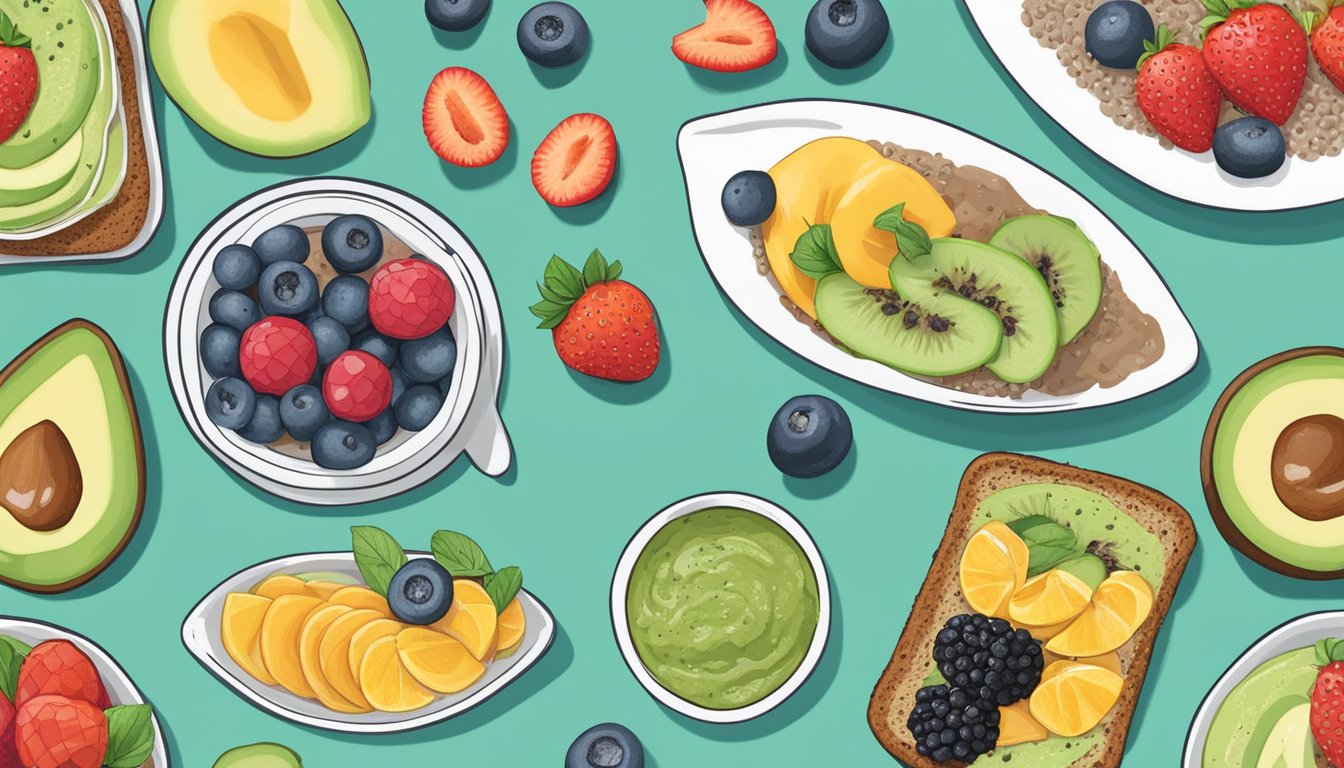 A colorful spread of vegan breakfast options, including smoothie bowls, avocado toast, chia seed pudding, and fresh fruit