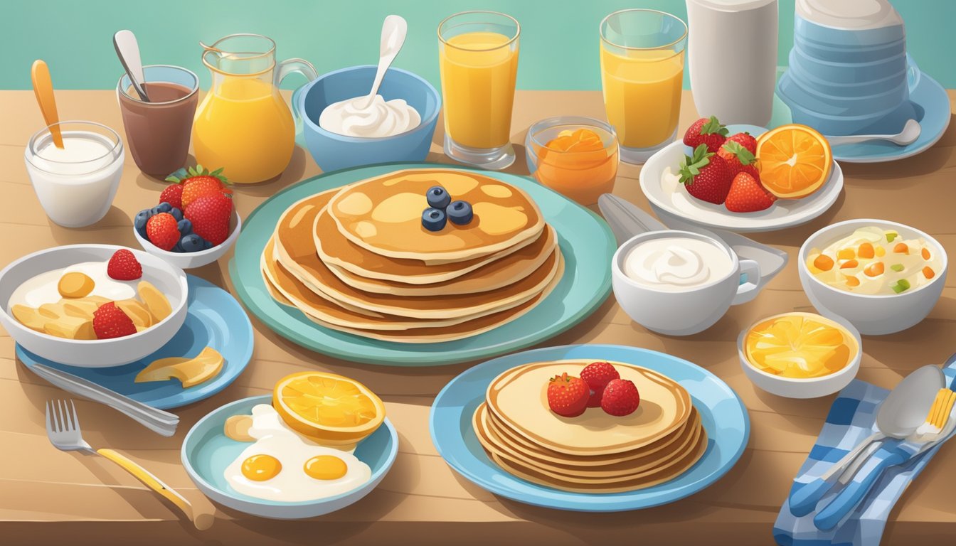 A colorful array of breakfast foods, including pancakes, fruit, and yogurt, arranged on a table with cheerful, child-friendly dishes and utensils