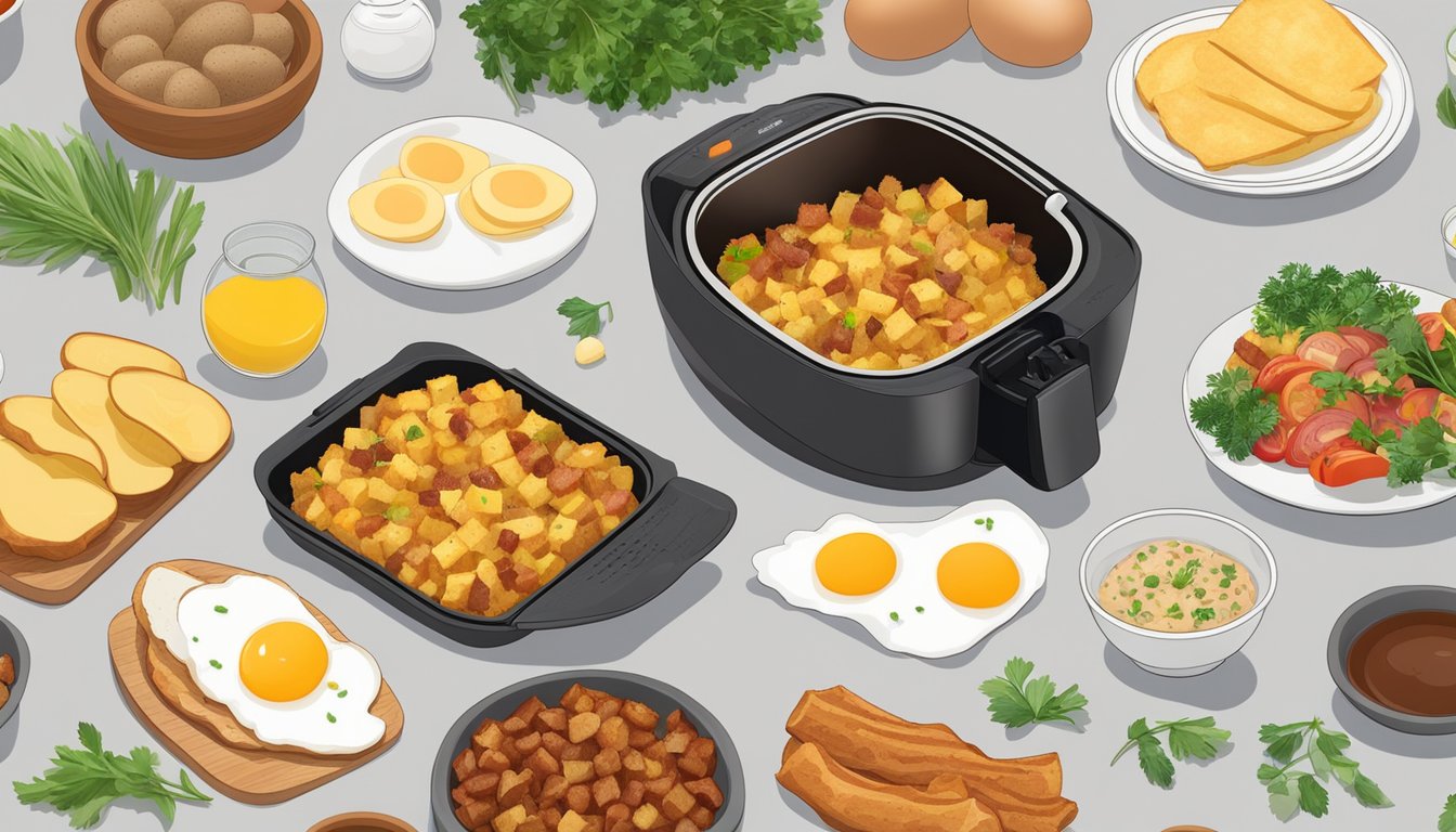 A sizzling air fryer filled with golden-brown potato hash, surrounded by a variety of breakfast ingredients like eggs, bacon, and fresh herbs