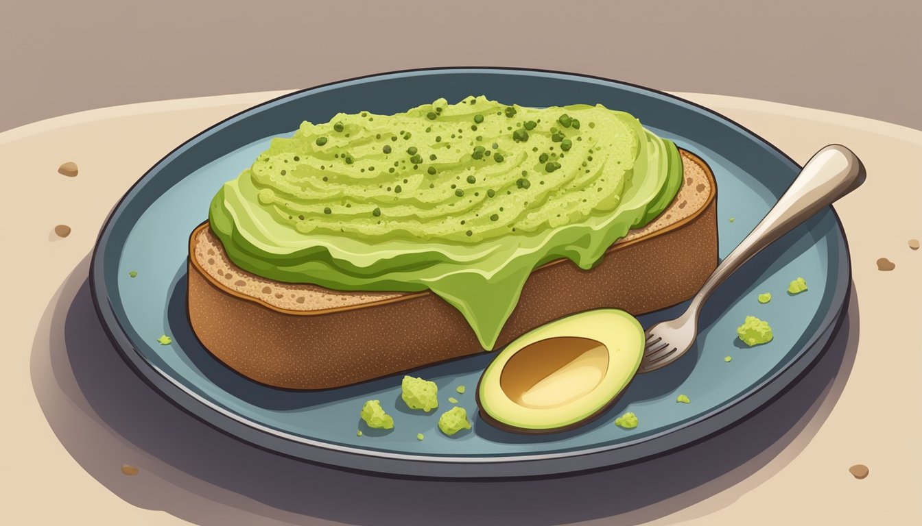 A slice of whole grain bread topped with mashed avocado, sprinkled with seasonings, and served on a plate