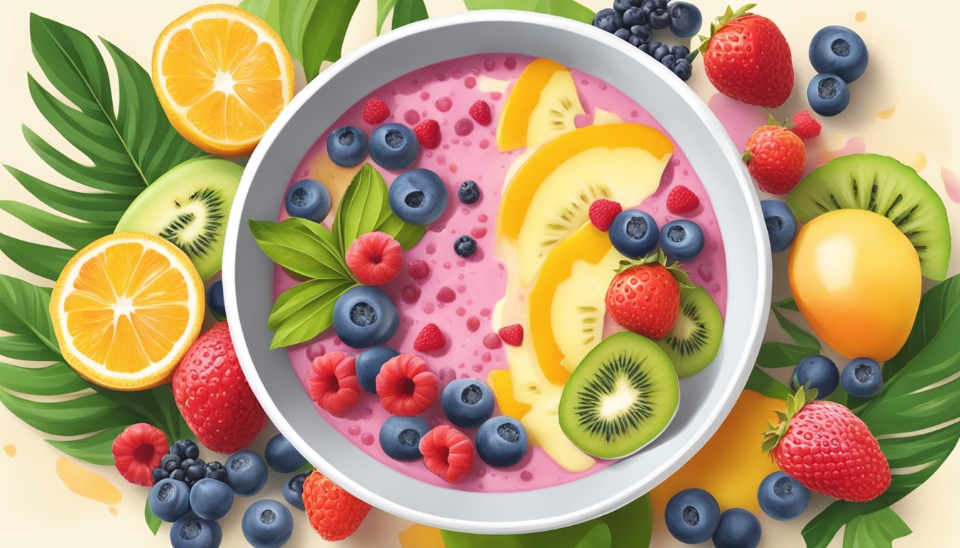 A colorful smoothie bowl topped with fresh berries, surrounded by tropical fruits and a sunny summer backdrop