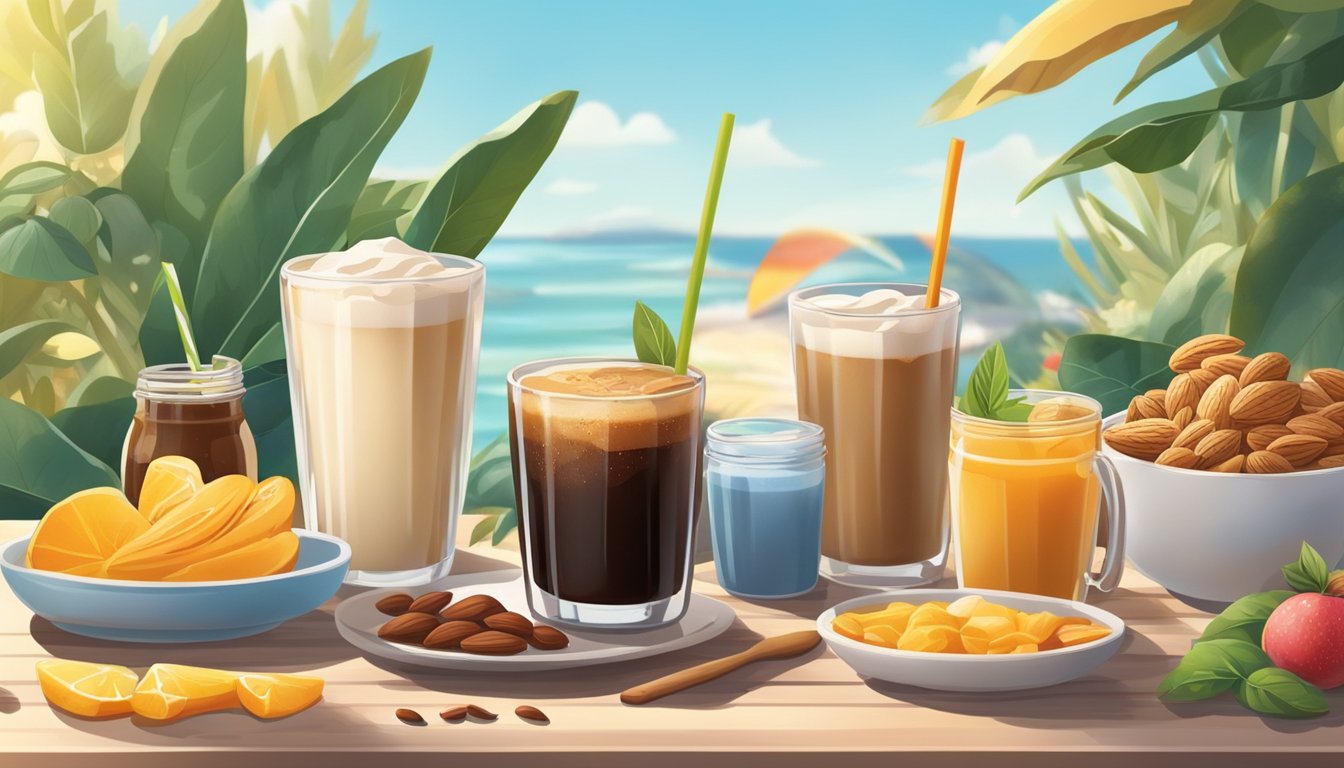 A glass of cold brew coffee with almond milk surrounded by a variety of colorful and fresh breakfast items, set against a sunny outdoor backdrop