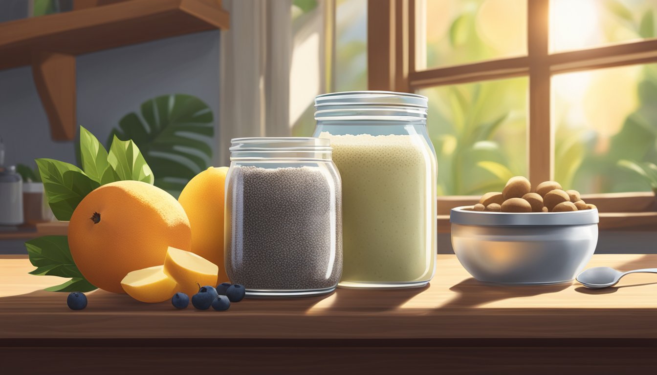 A glass jar of chia seed pudding sits on a wooden table, surrounded by fresh fruits and a can of coconut milk. Sunlight streams in through a nearby window, casting a warm glow over the scene