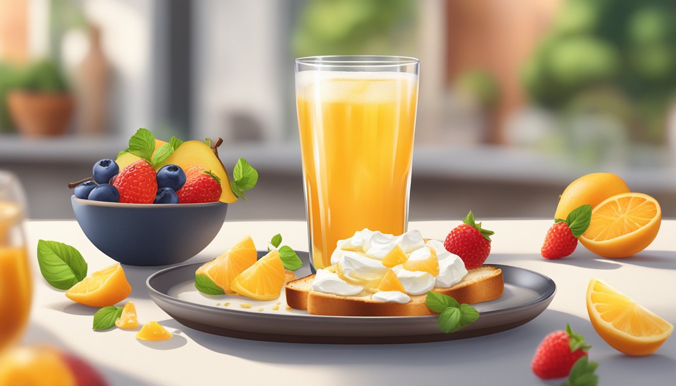 A slice of toasted bread topped with ricotta cheese and drizzled with honey, surrounded by vibrant summer fruits and a refreshing glass of juice