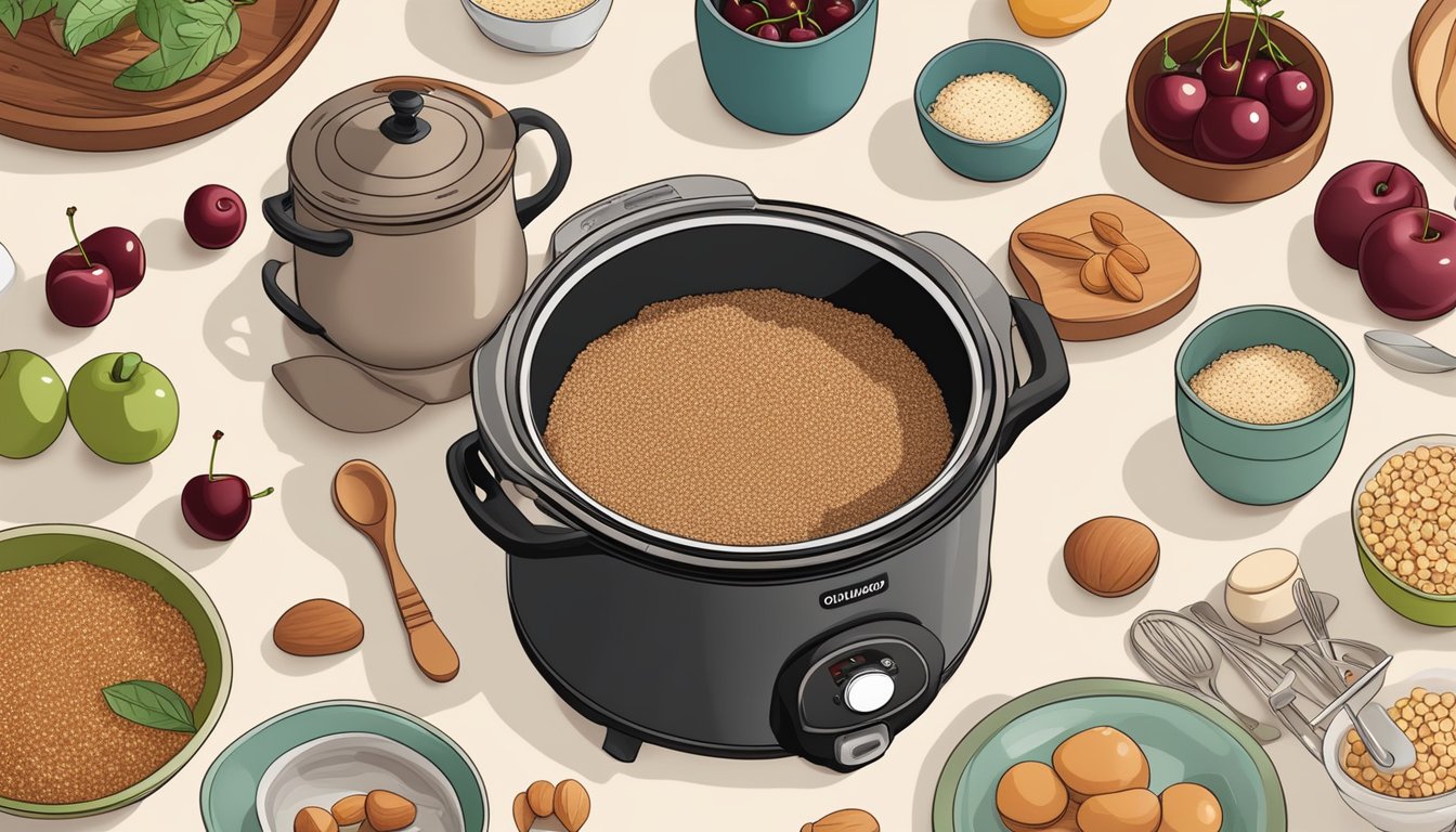 A slow cooker filled with cherry almond overnight quinoa, surrounded by various breakfast ingredients and utensils on a kitchen counter