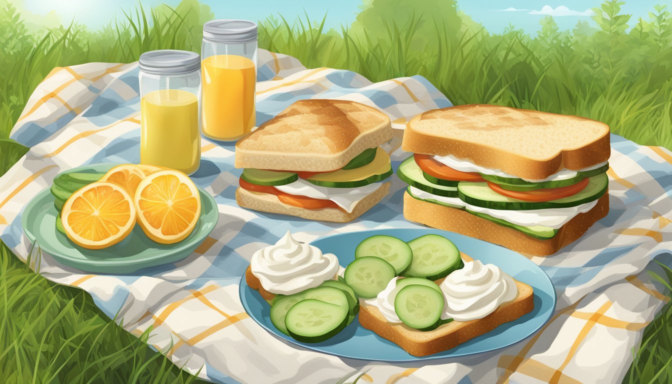 A picnic blanket with a variety of breakfast items, including a cucumber and cream cheese sandwich, laid out under the warm summer sun