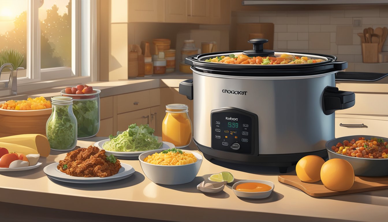 A crockpot sits on a kitchen counter, filled with breakfast taco ingredients. The sun sets outside the window, indicating the meal was prepared overnight