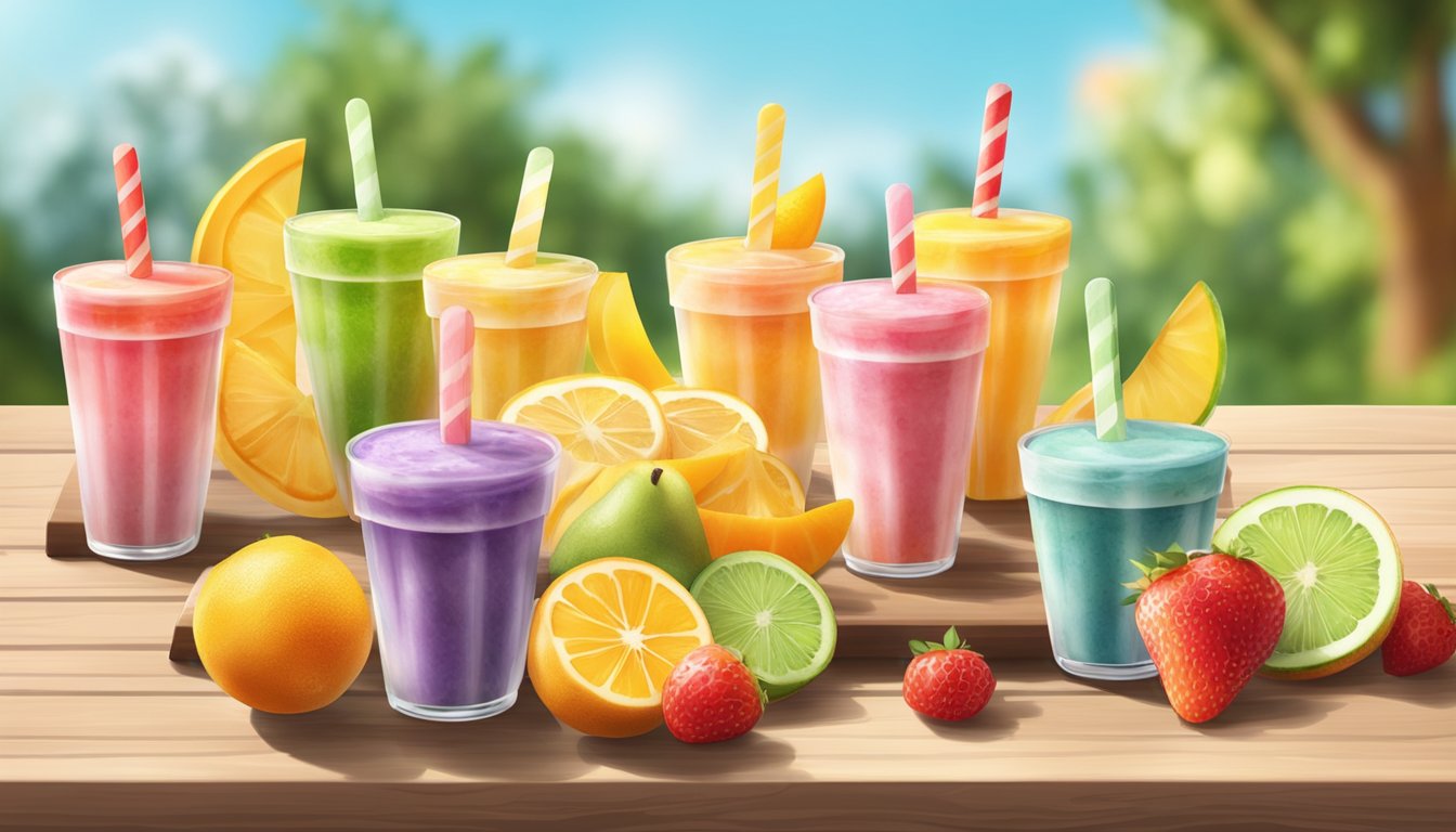 A colorful assortment of fruit and yogurt popsicles displayed on a wooden board with a backdrop of a sunny summer day