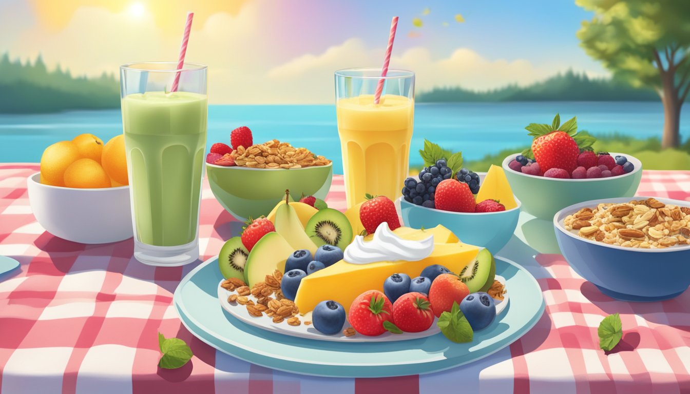 A picnic blanket with a spread of fresh fruits, yogurt parfaits, granola, and smoothie bowls under a bright, sunny sky