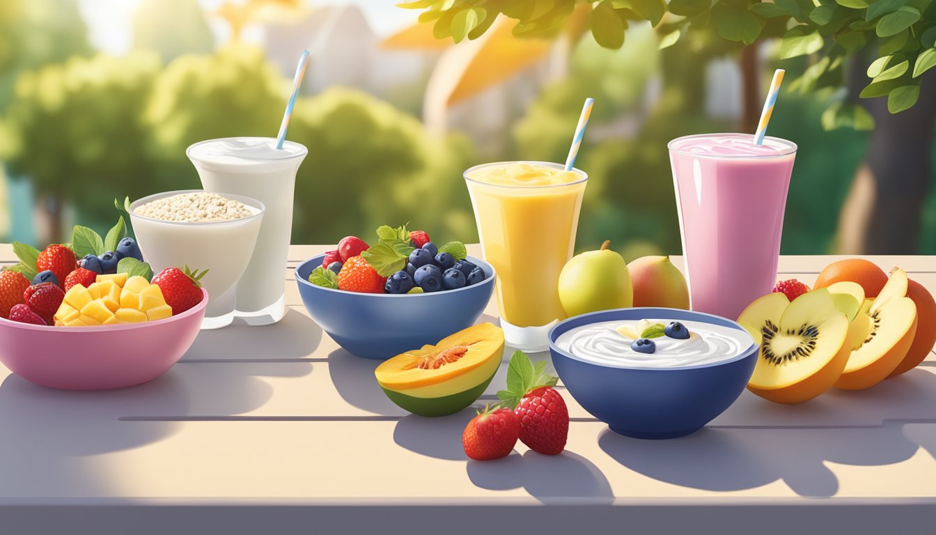 A colorful array of fresh fruits, yogurt, granola, and smoothie bowls arranged on a sunny outdoor table. Sunshine and greenery in the background