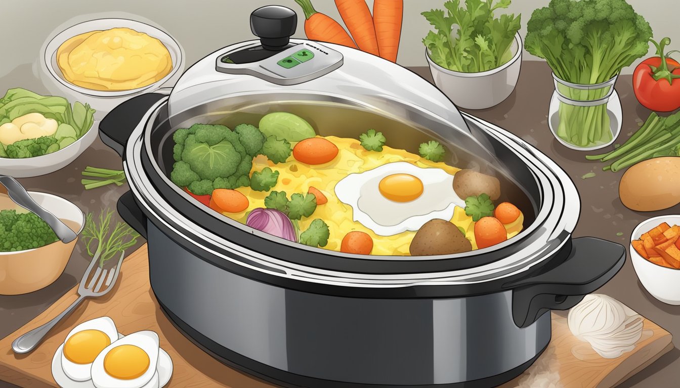 A slow cooker surrounded by various vegetables and eggs, with steam rising from the omelette as it cooks overnight