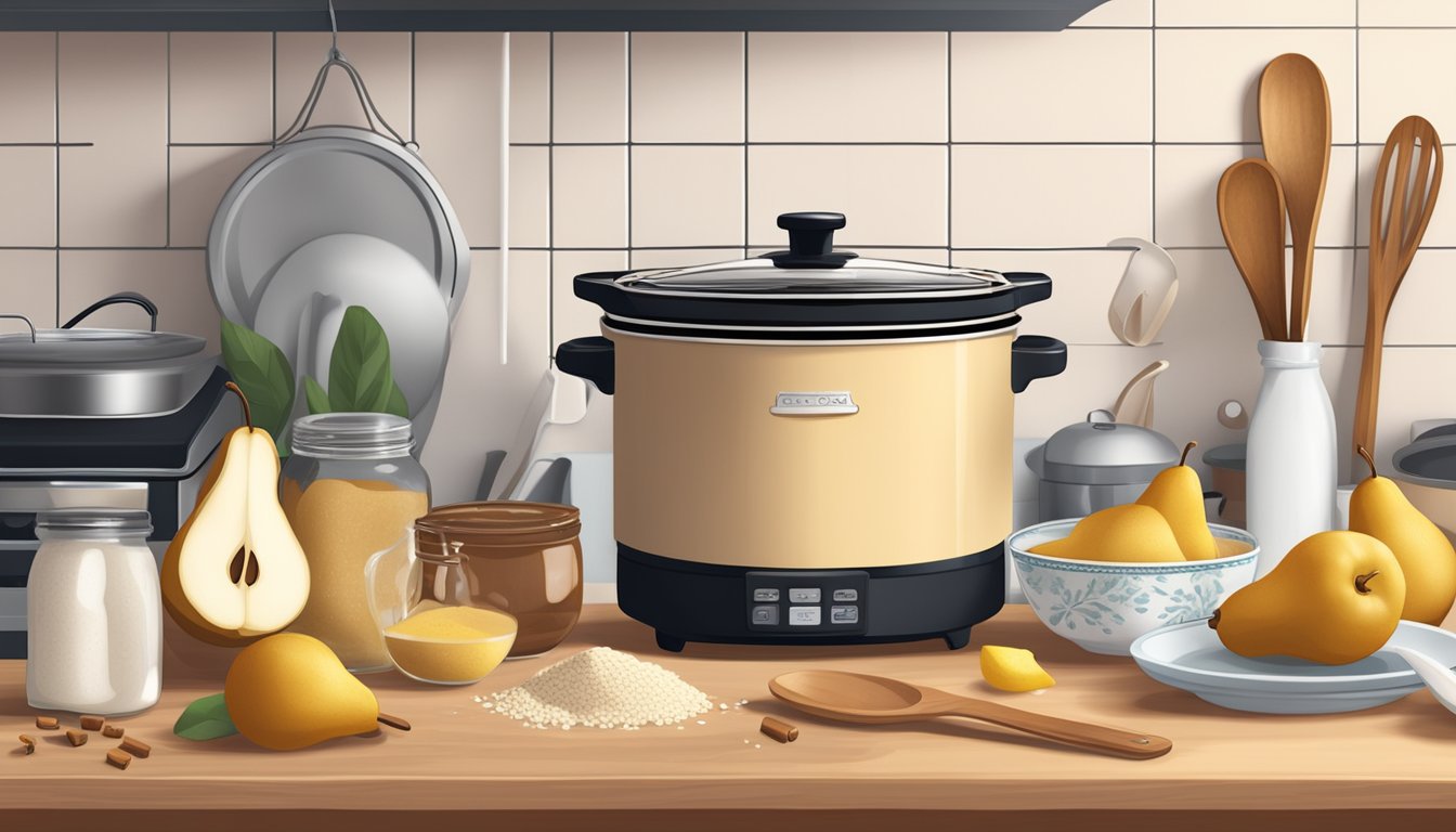 A cozy kitchen with a slow cooker simmering spiced pear porridge overnight. Ingredients and utensils scattered on the counter