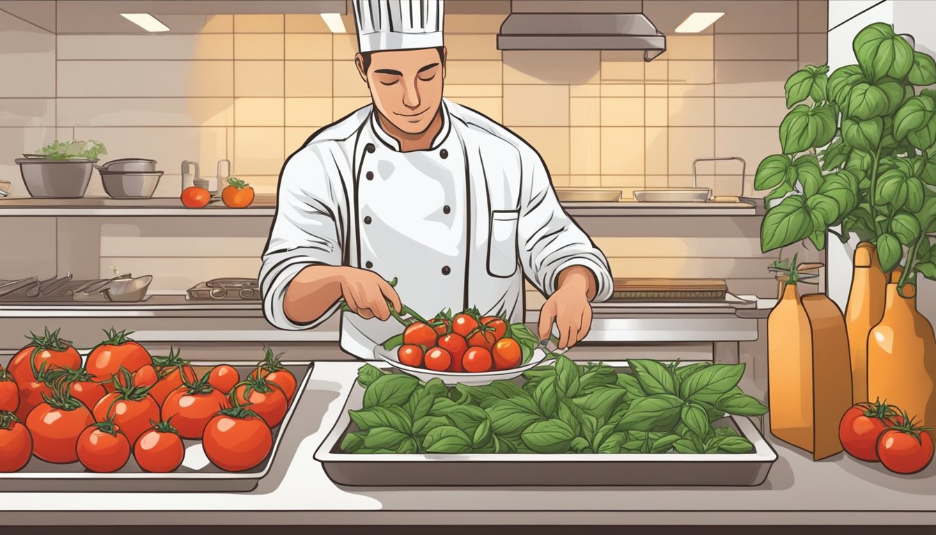 A chef carefully selects fresh tomatoes, basil, and mozzarella for making lasagna