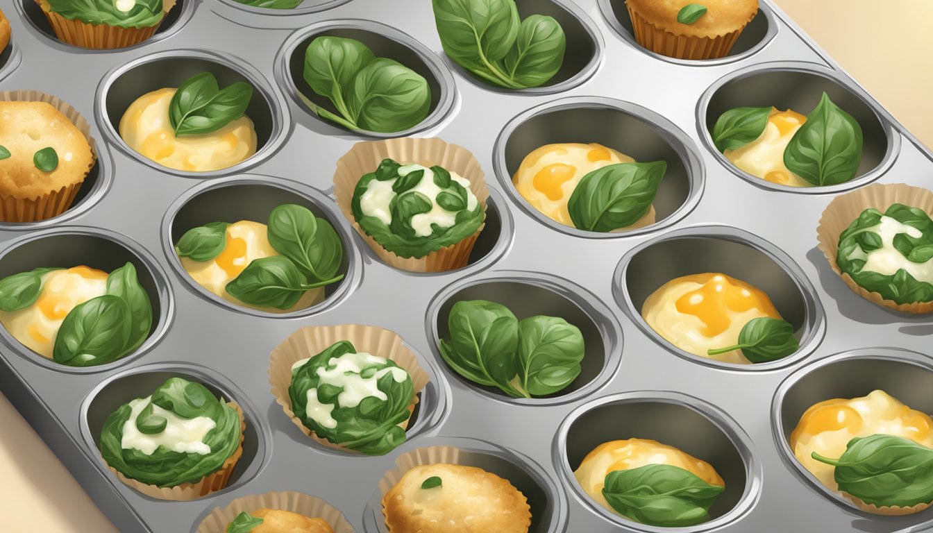 A muffin tin filled with spinach and cheese bites, fresh out of the oven, steam rising from the golden brown tops