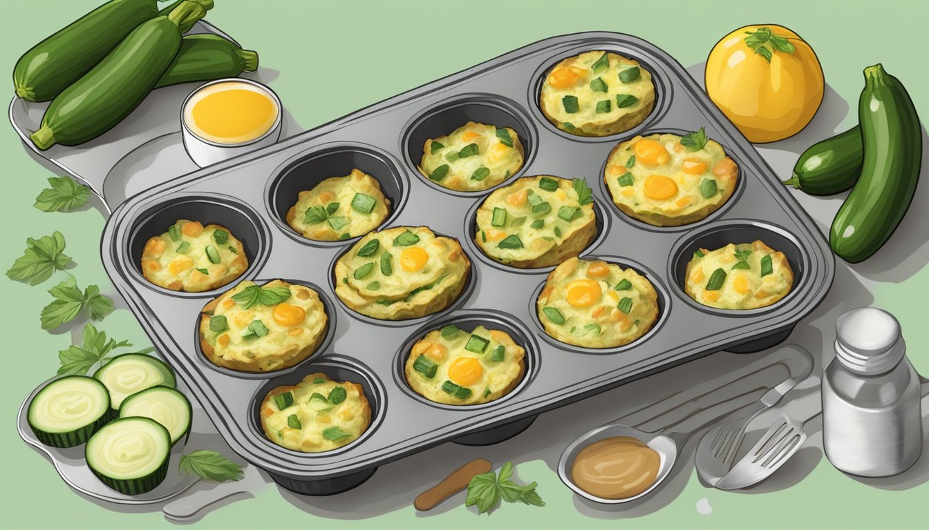 A muffin tin filled with zucchini frittatas, surrounded by various breakfast ingredients and utensils