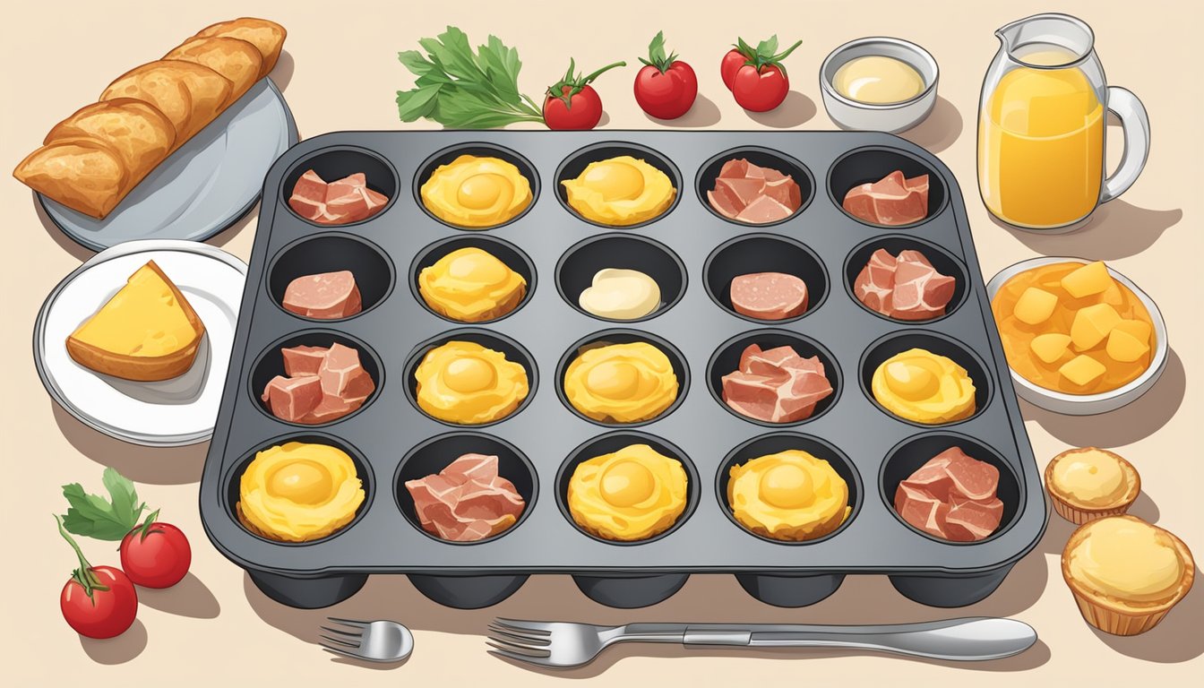 A muffin tin filled with ham and cheese omelette cups, surrounded by various breakfast ingredients and utensils