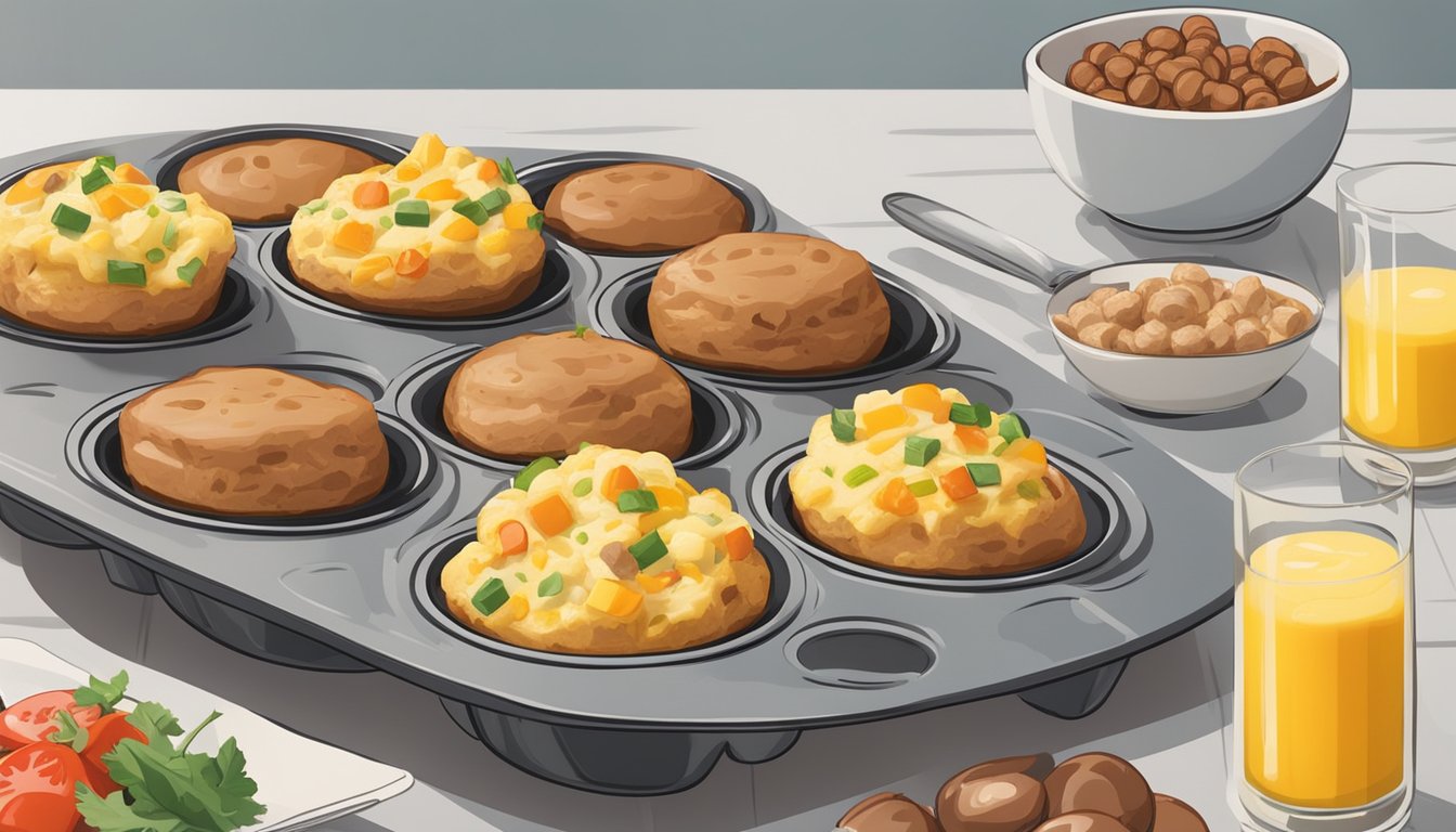 A muffin tin filled with bite-sized sausage and egg muffin bites, surrounded by various breakfast ingredients and utensils on a kitchen counter