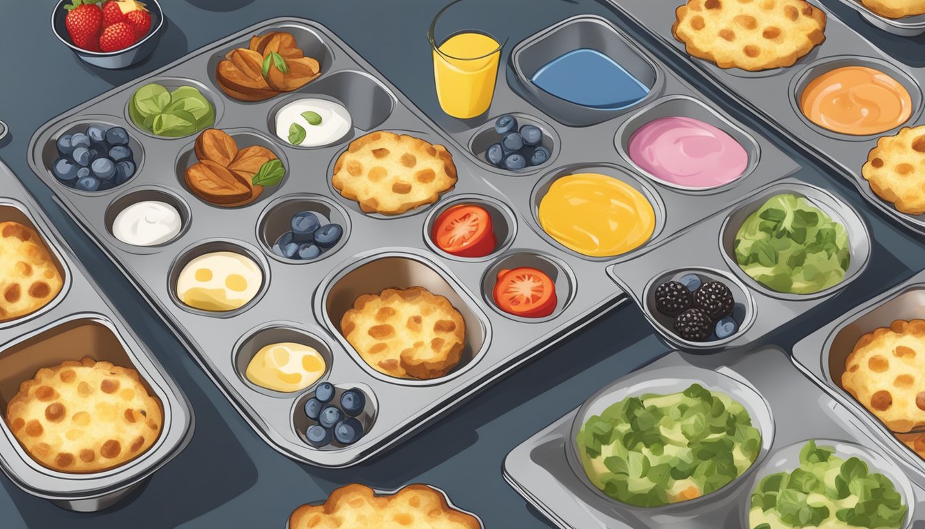 A muffin tin filled with various breakfast items, such as mini frittatas, oatmeal cups, and yogurt parfaits, arranged on a kitchen counter