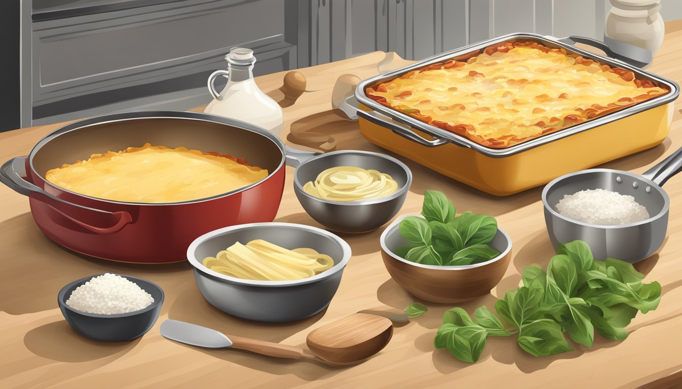 A spread of lasagna ingredients and cooking utensils on a kitchen counter