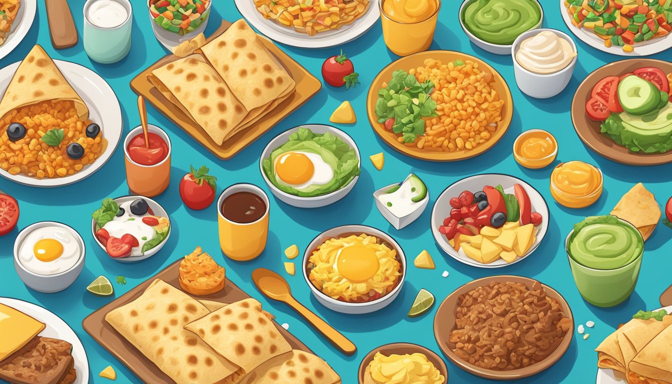 A colorful spread of bite-sized breakfast burritos surrounded by playful, child-friendly elements like cartoon characters and colorful plates