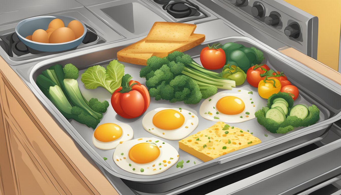 A sheet pan filled with a colorful array of vegetables, eggs, and cheese, baking in the oven